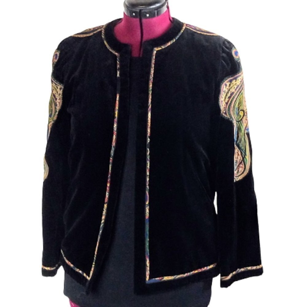 Bogner Black Cotton Velvet Paisley Embellished Open Jacket